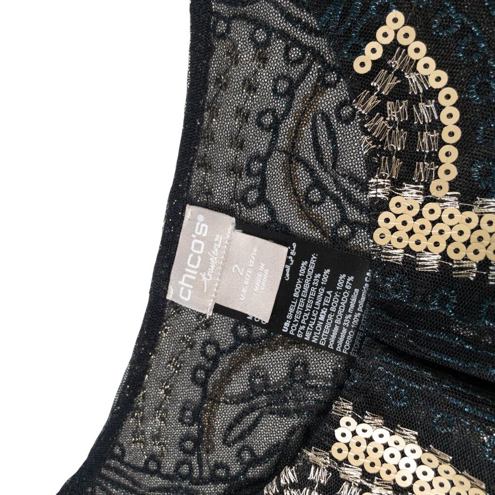 Chico's Sheer Open Jacket Travelers Collection Gold Black Geometric SZ L Sequin - Picture 8 of 11
